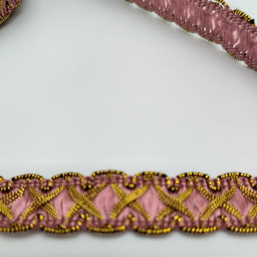 Vintage 1940s French Pink Gold Metallic Silk Jacquard Ribbon Couture TWO YARDS